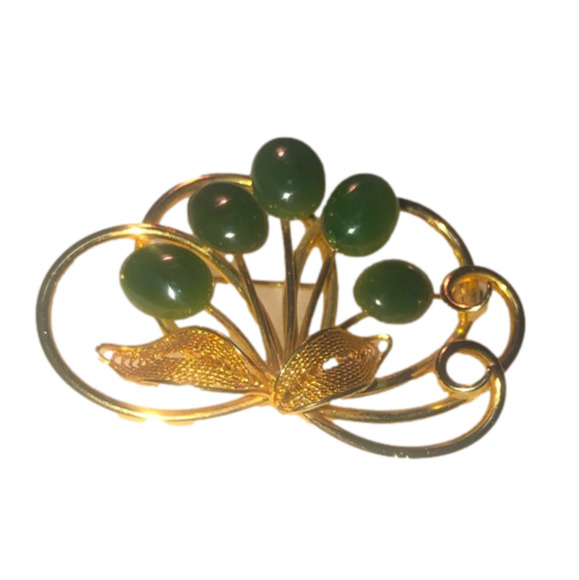 VTG Jade Jadeite Flower Filigree Gold Tone Costume Brooch Lapel Pin Approx 2” - Picture 1 of 4